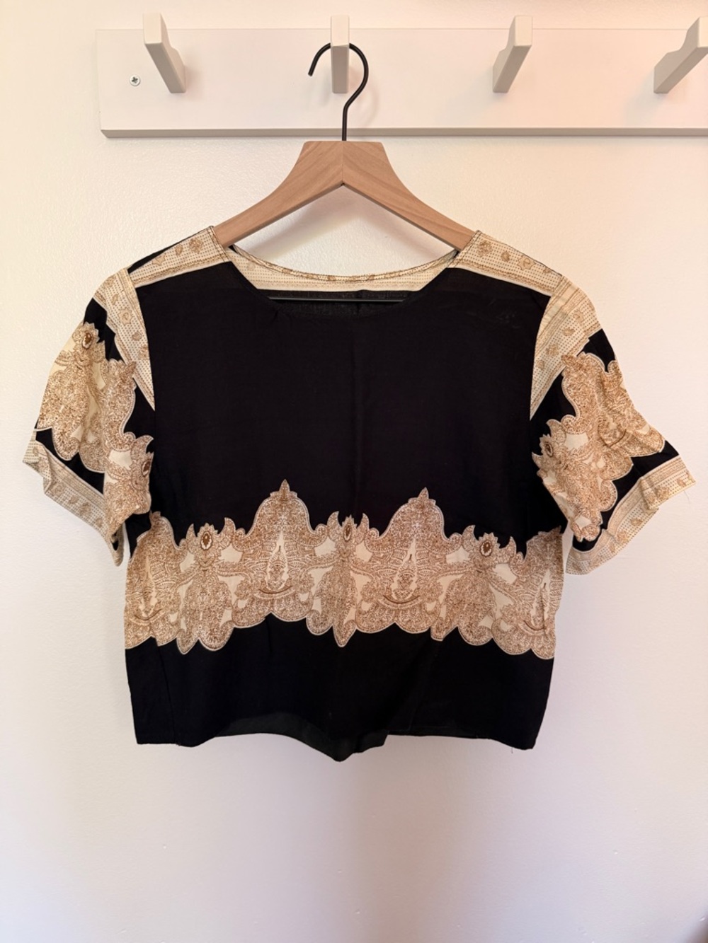 Vintage Thai Black and Cream Short-Sleeve Cropped Blouse